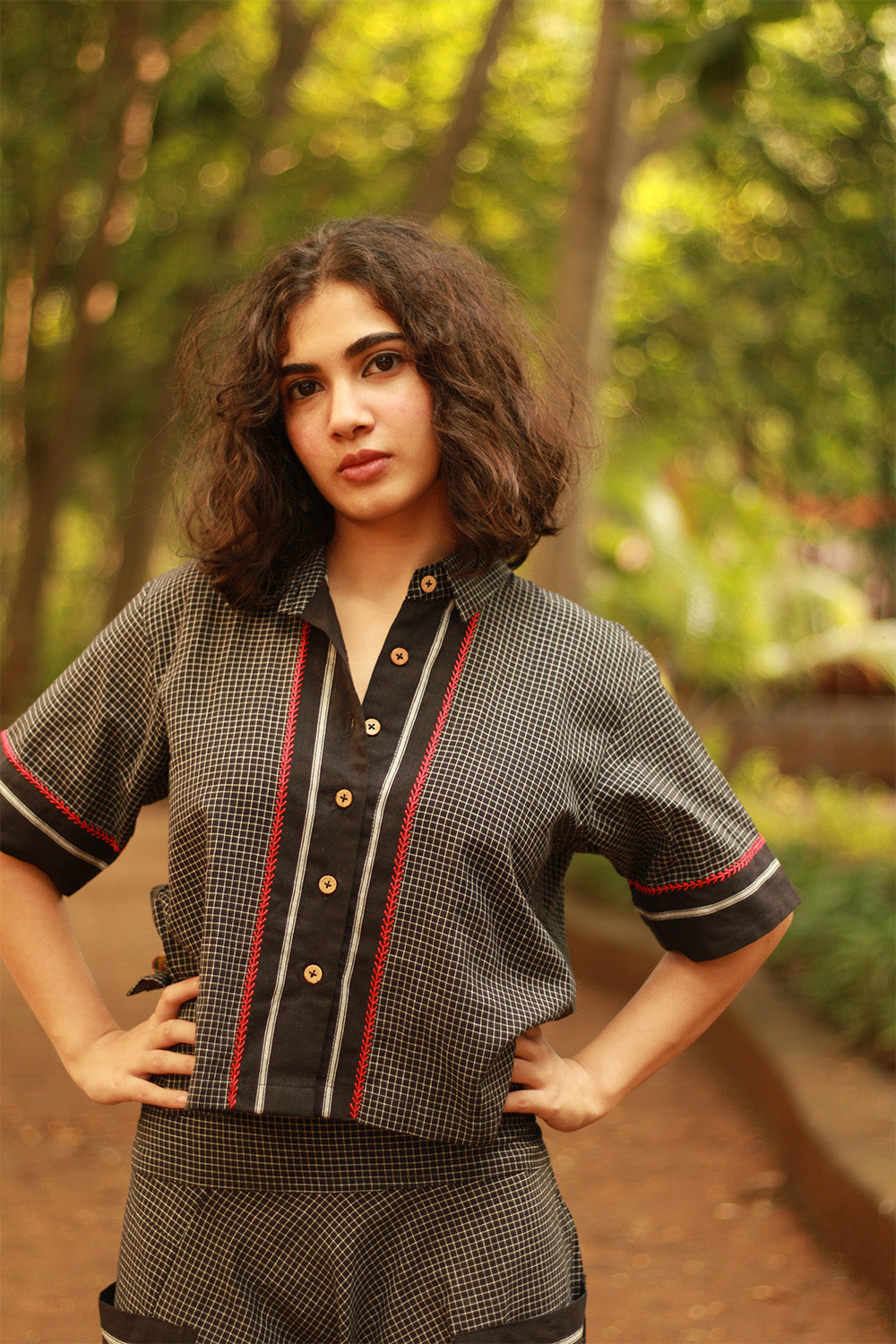 Cropped Shirt-Blouse With Mirrorwork | Noir Checks