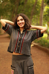 Cropped Shirt-Blouse With Mirrorwork | Noir Checks