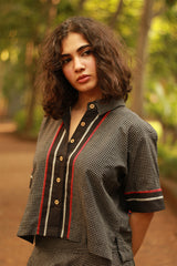 Cropped Shirt-Blouse With Mirrorwork | Noir Checks