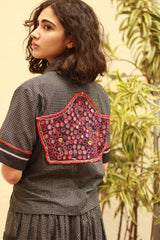 Cropped Shirt-Blouse With Mirrorwork | Noir Checks