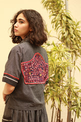 Cropped Shirt-Blouse With Mirrorwork | Noir Checks