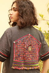 Cropped Shirt-Blouse With Mirrorwork | Noir Checks