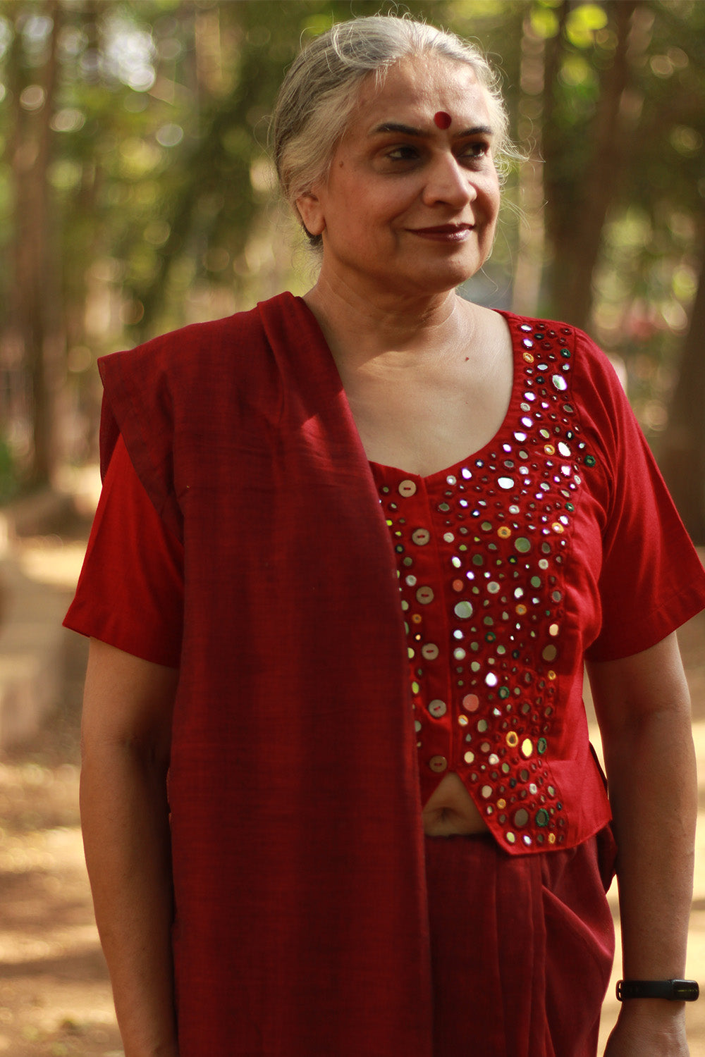 Gor Banjara | Embroidered Cropped Shirt-Blouse | Crimson