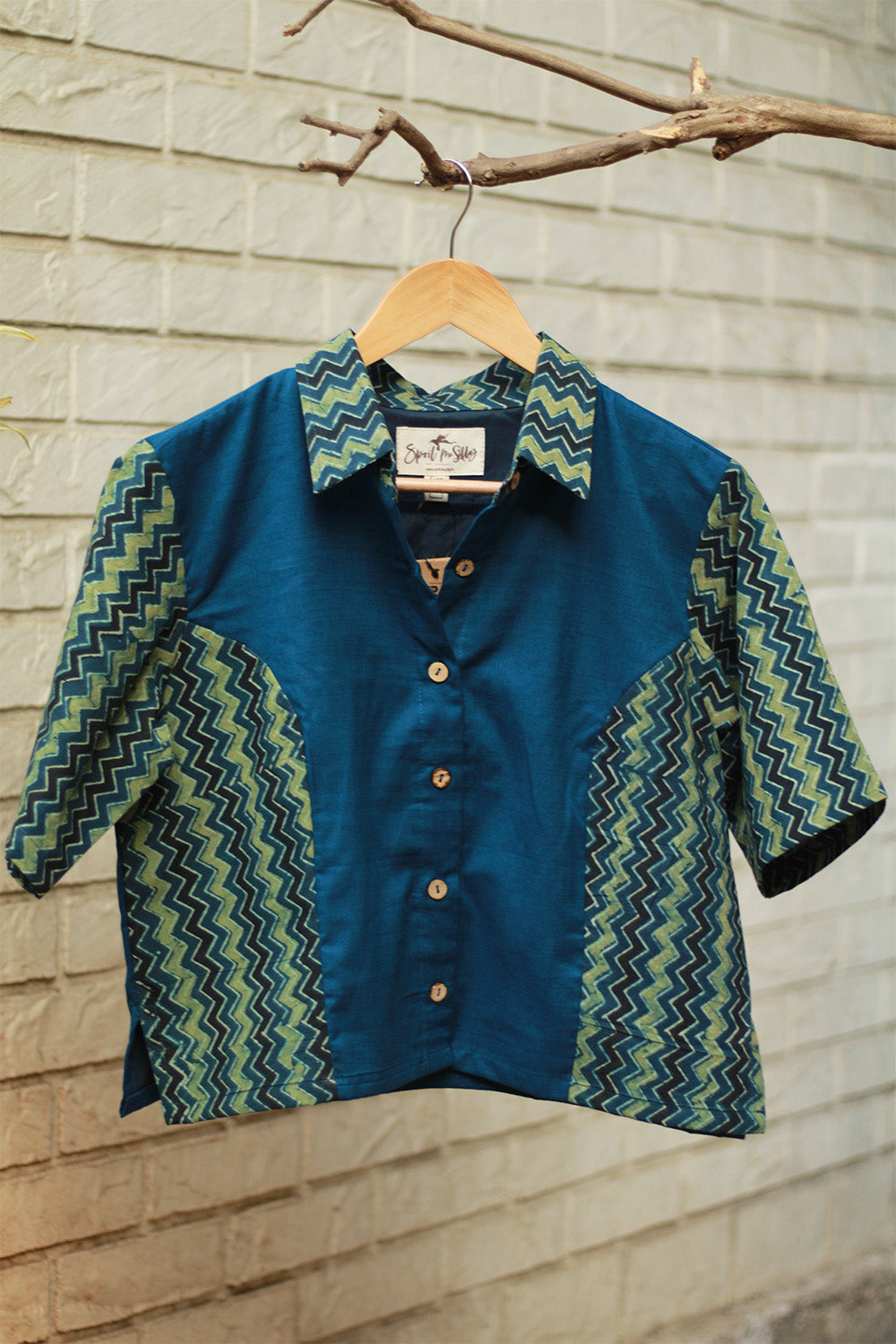 Cropped Shirt-Blouse With Mirrorwork | Blue