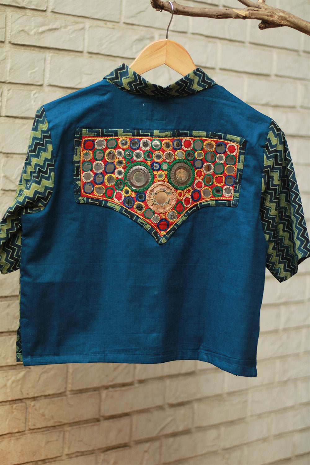 Cropped Shirt-Blouse With Mirrorwork | Blue