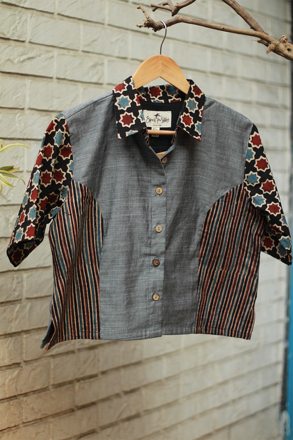 Cropped Shirt-Blouse With Mirrorwork | Slate