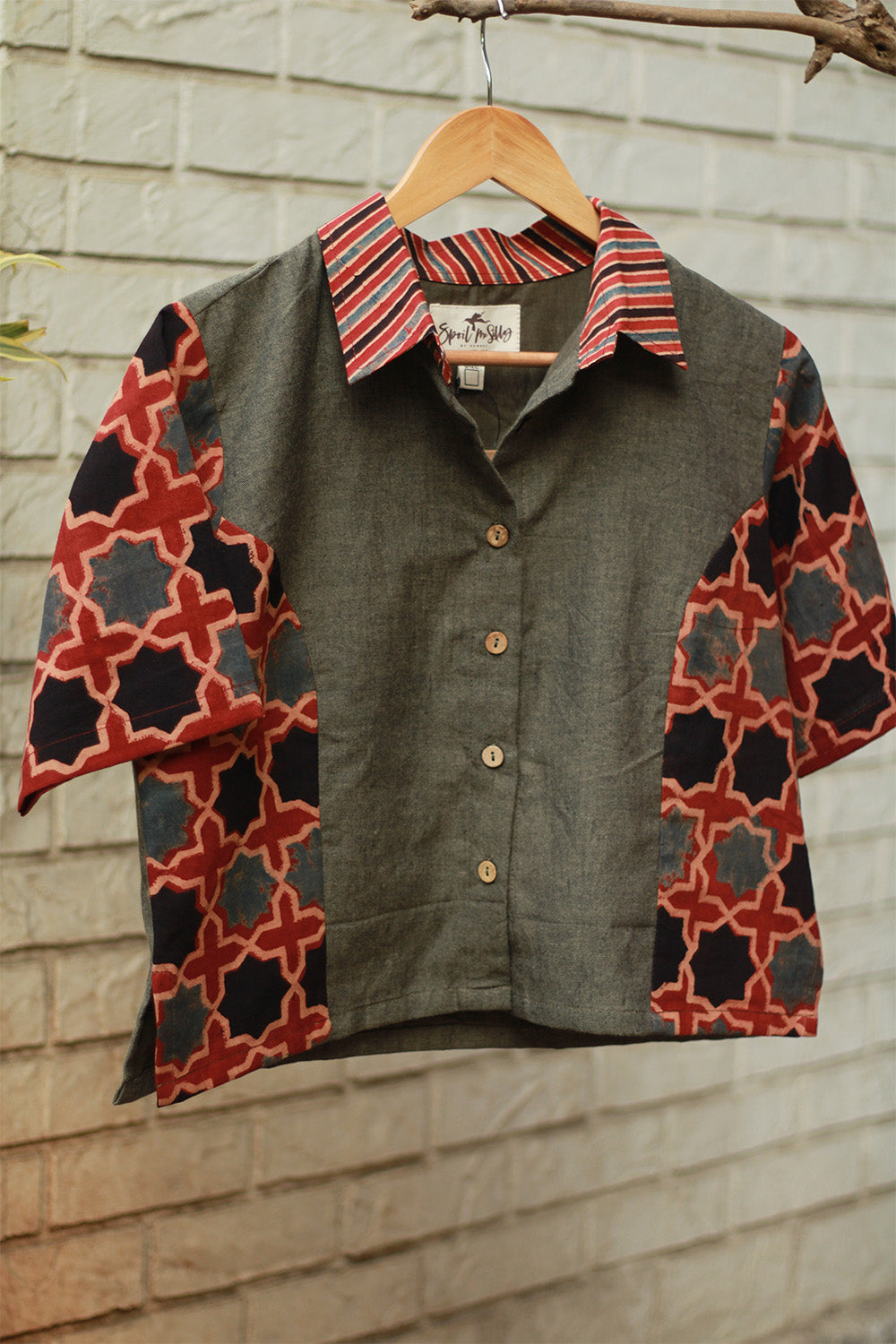 Cropped Shirt-Blouse With Mirrorwork | Slate