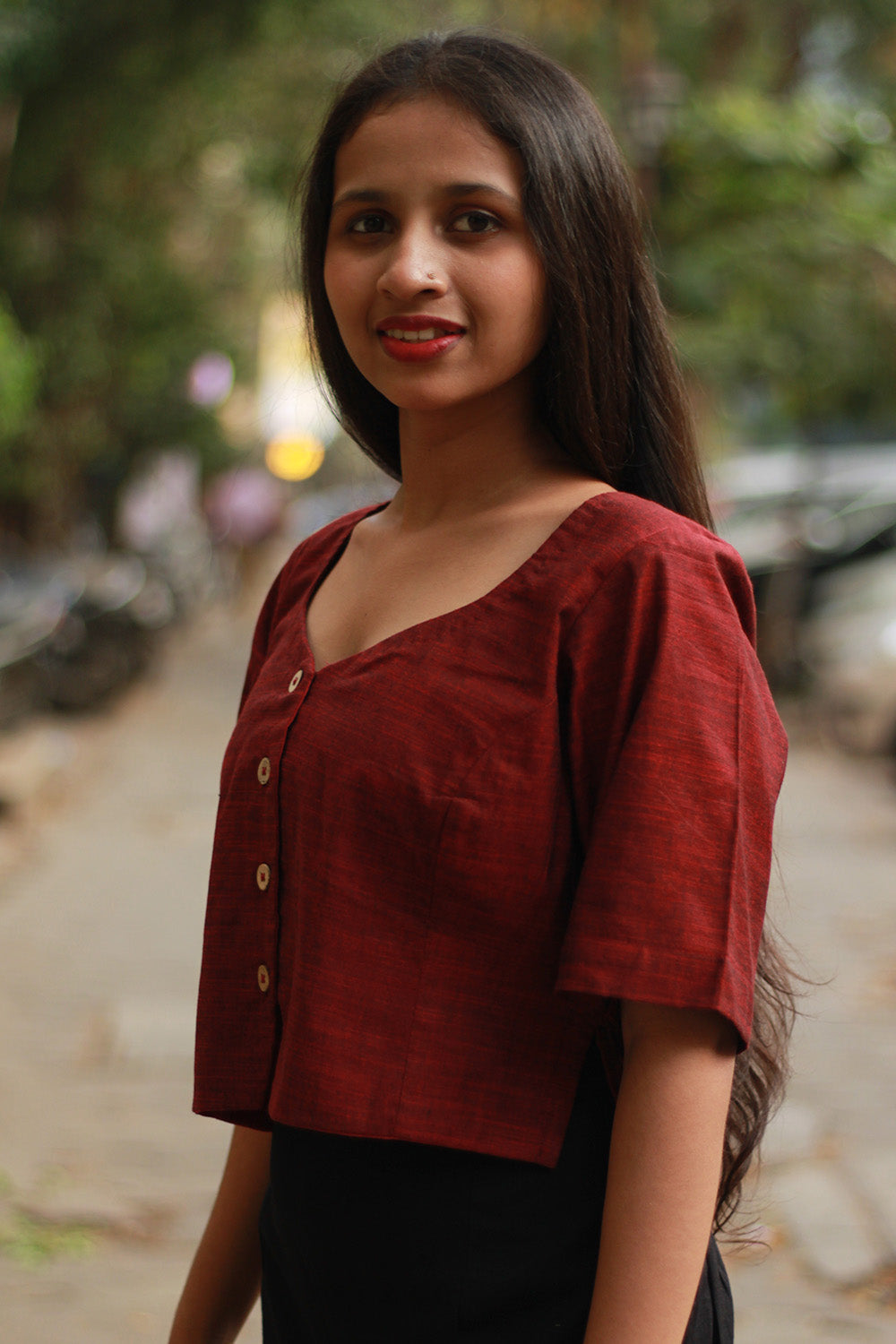 Cropped Shirt-Blouse | Cotton | Maroon