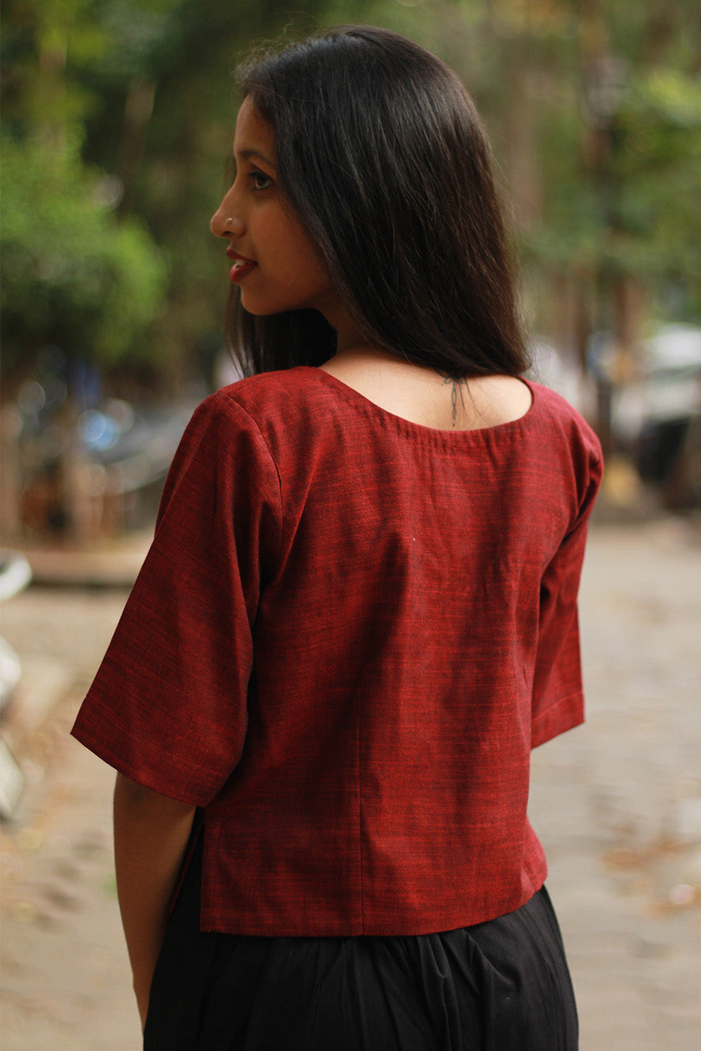 Cropped Shirt-Blouse | Cotton | Maroon