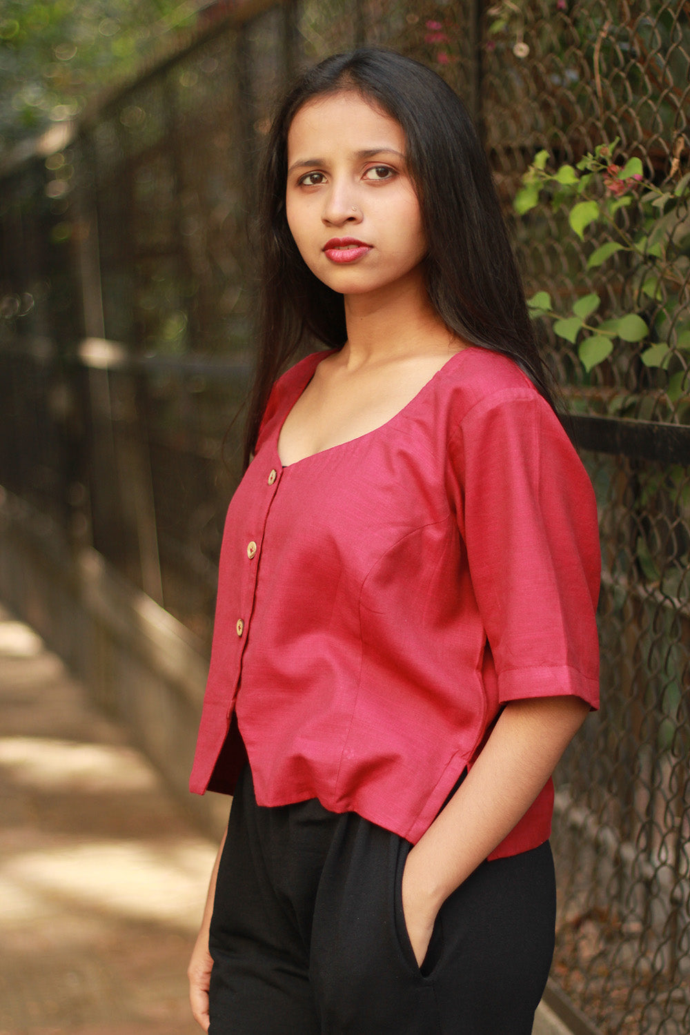 Cropped Shirt-Blouse | Cotton | Deep Pink