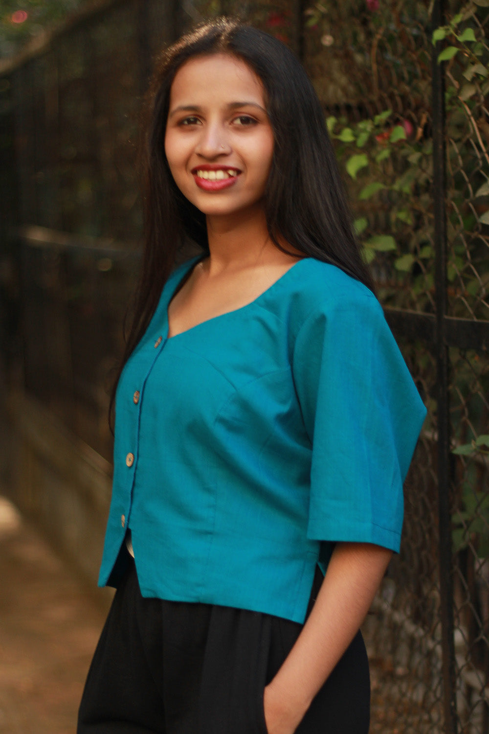 Cropped Shirt-Blouse | Cotton | Azure Blue