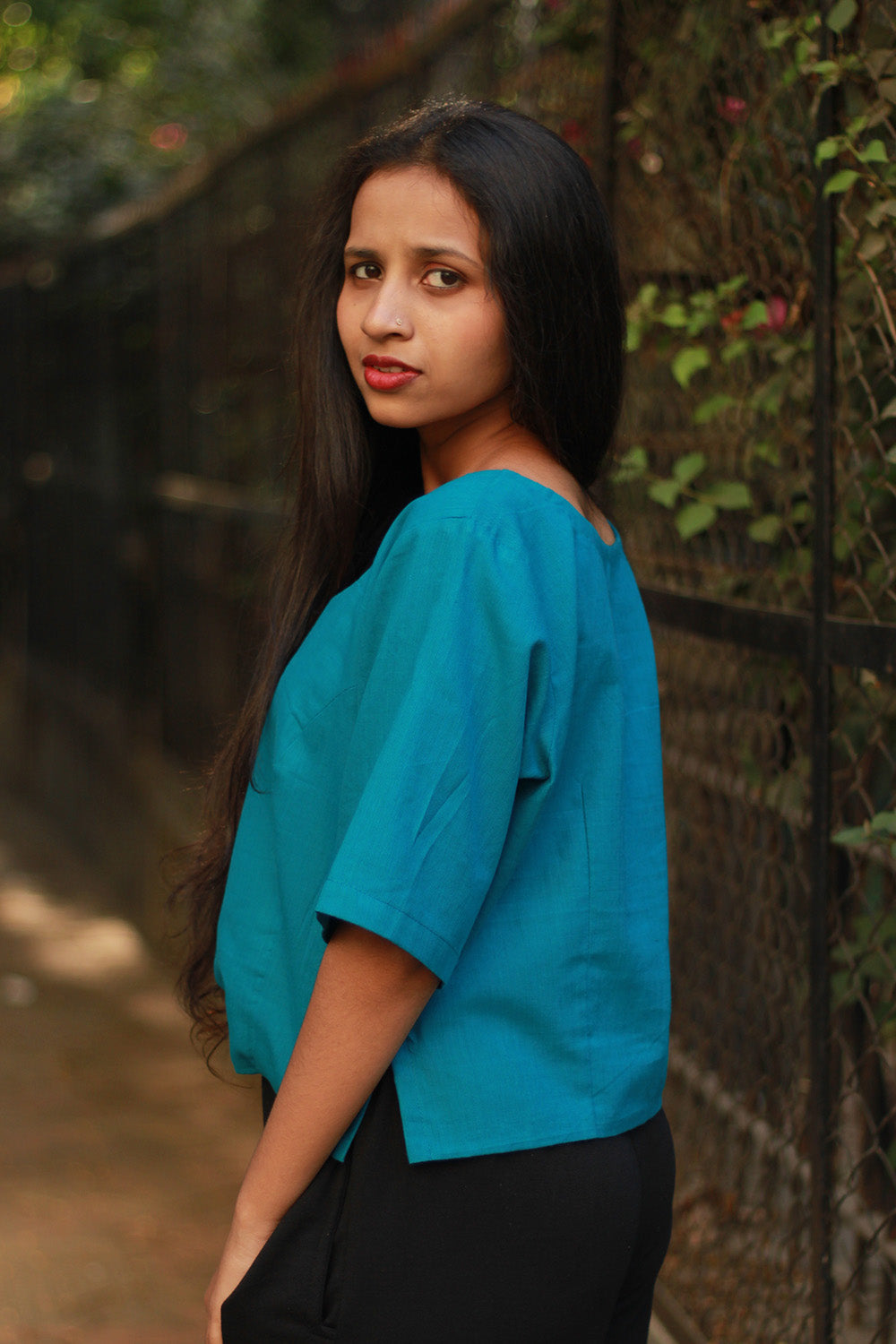 Cropped Shirt-Blouse | Cotton | Azure Blue