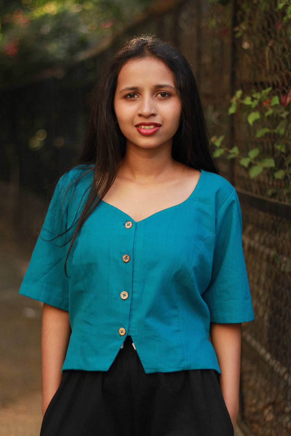 Cropped Shirt-Blouse | Cotton | Azure Blue