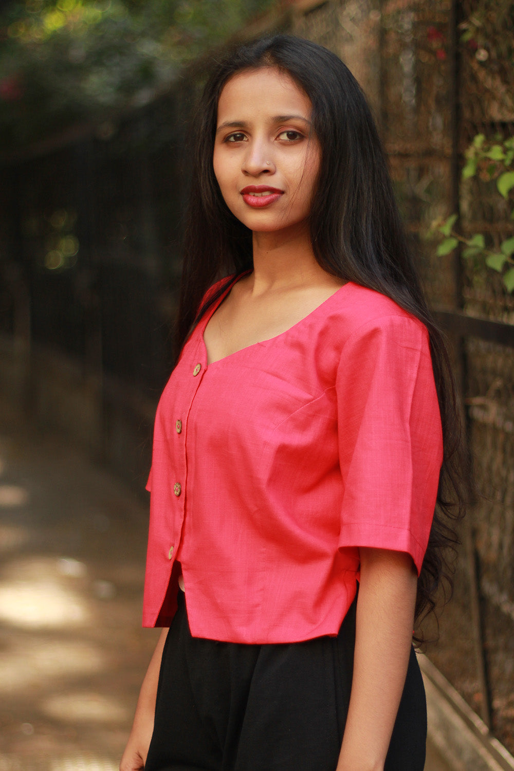 Cropped Shirt-Blouse | Cotton | Coral
