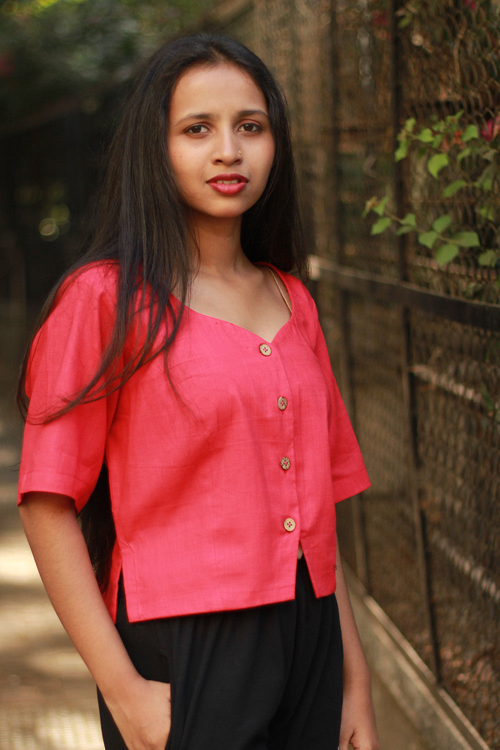 Cropped Shirt-Blouse | Cotton | Coral