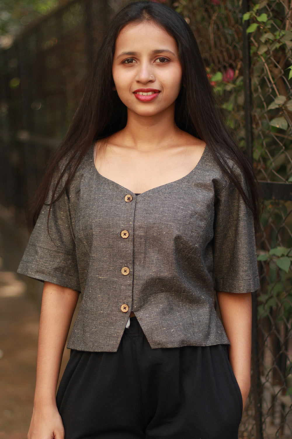 Cropped Shirt-Blouse | Cotton | Ash Brown