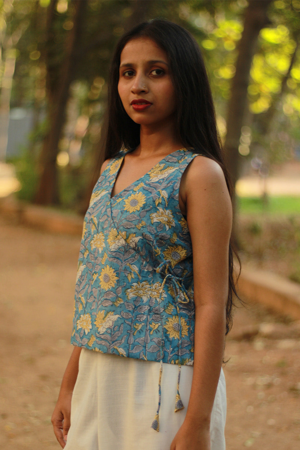 Aabroo | Sleeveless Angarkha Crop Top | Cyan Sanganeri