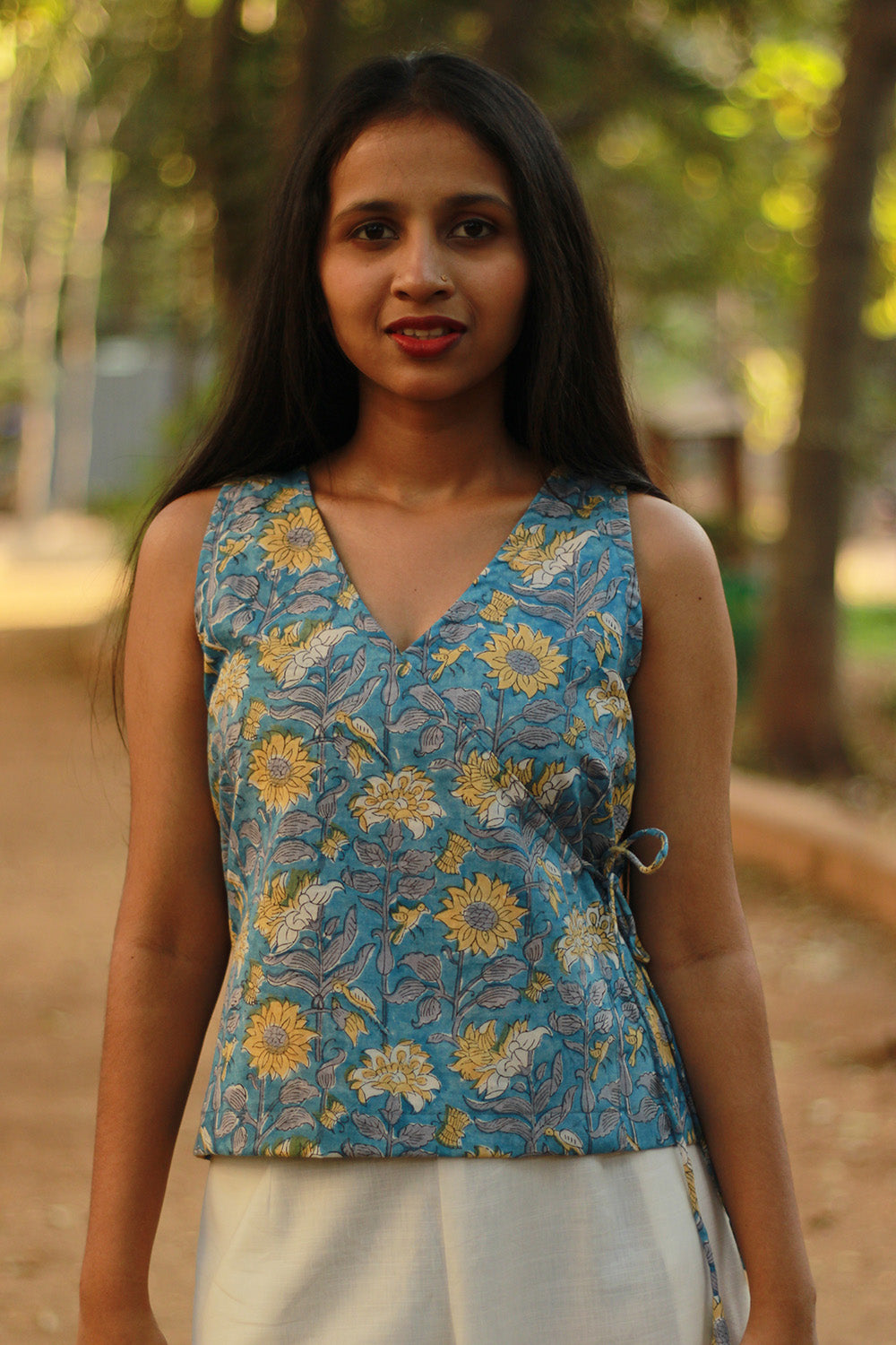Aabroo | Sleeveless Angarkha Crop Top | Cyan Sanganeri