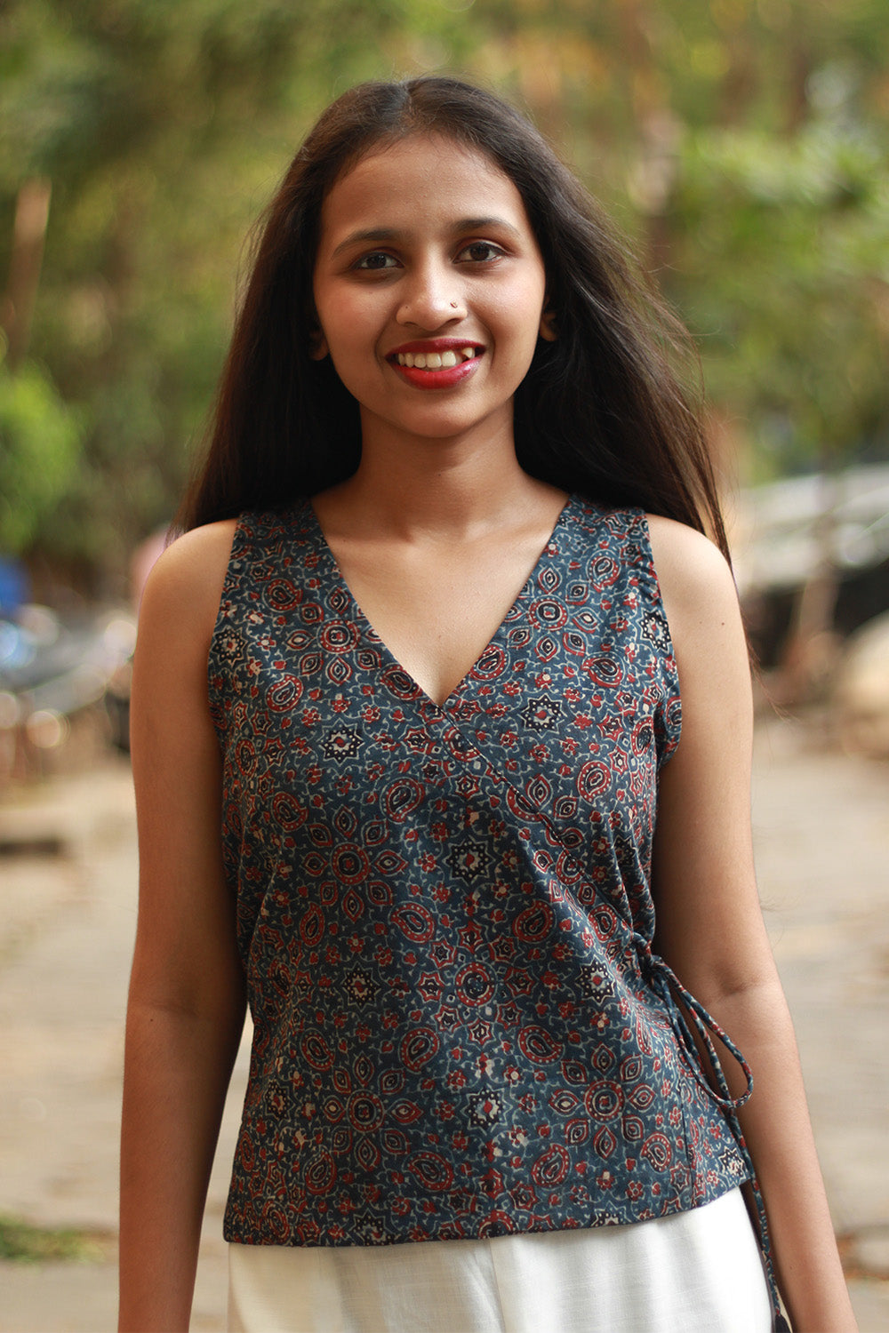 Aabroo | Sleeveless Angarkha Crop Top | Blue Floral Ajrakh