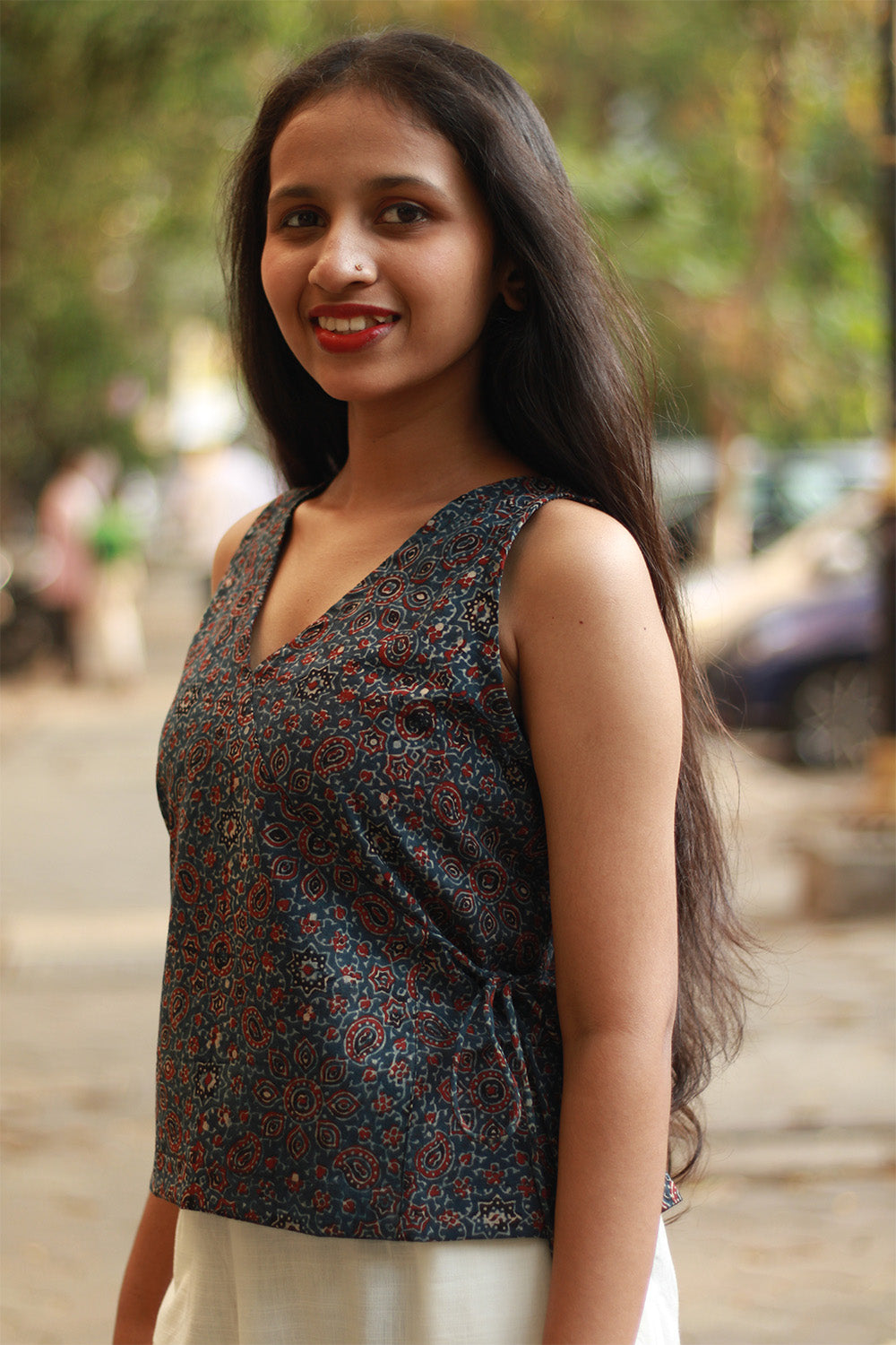 Aabroo | Sleeveless Angarkha Crop Top | Blue Floral Ajrakh