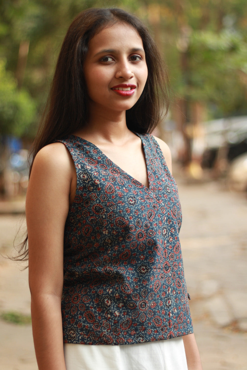 Aabroo | Sleeveless Angarkha Crop Top | Blue Floral Ajrakh