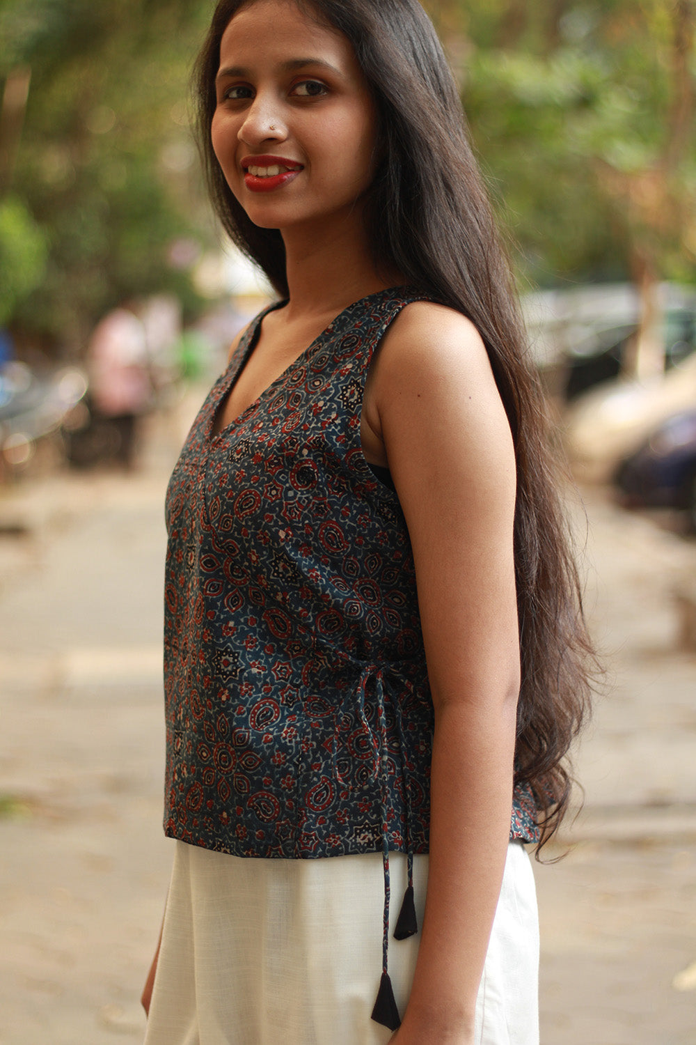 Aabroo | Sleeveless Angarkha Crop Top | Blue Floral Ajrakh