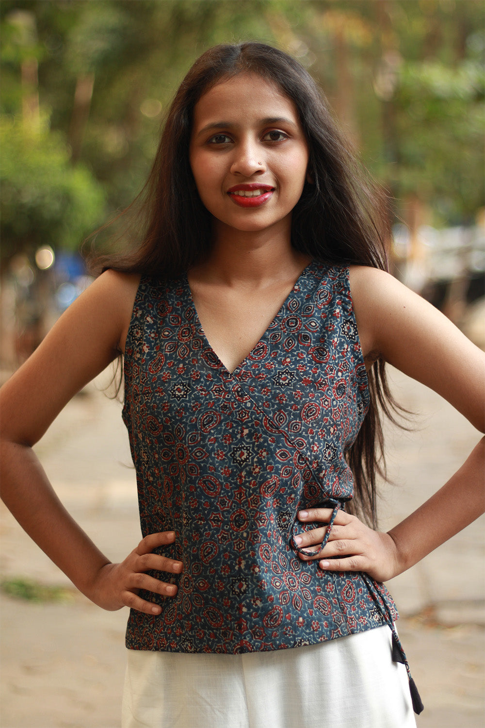 Aabroo | Sleeveless Angarkha Crop Top | Blue Floral Ajrakh