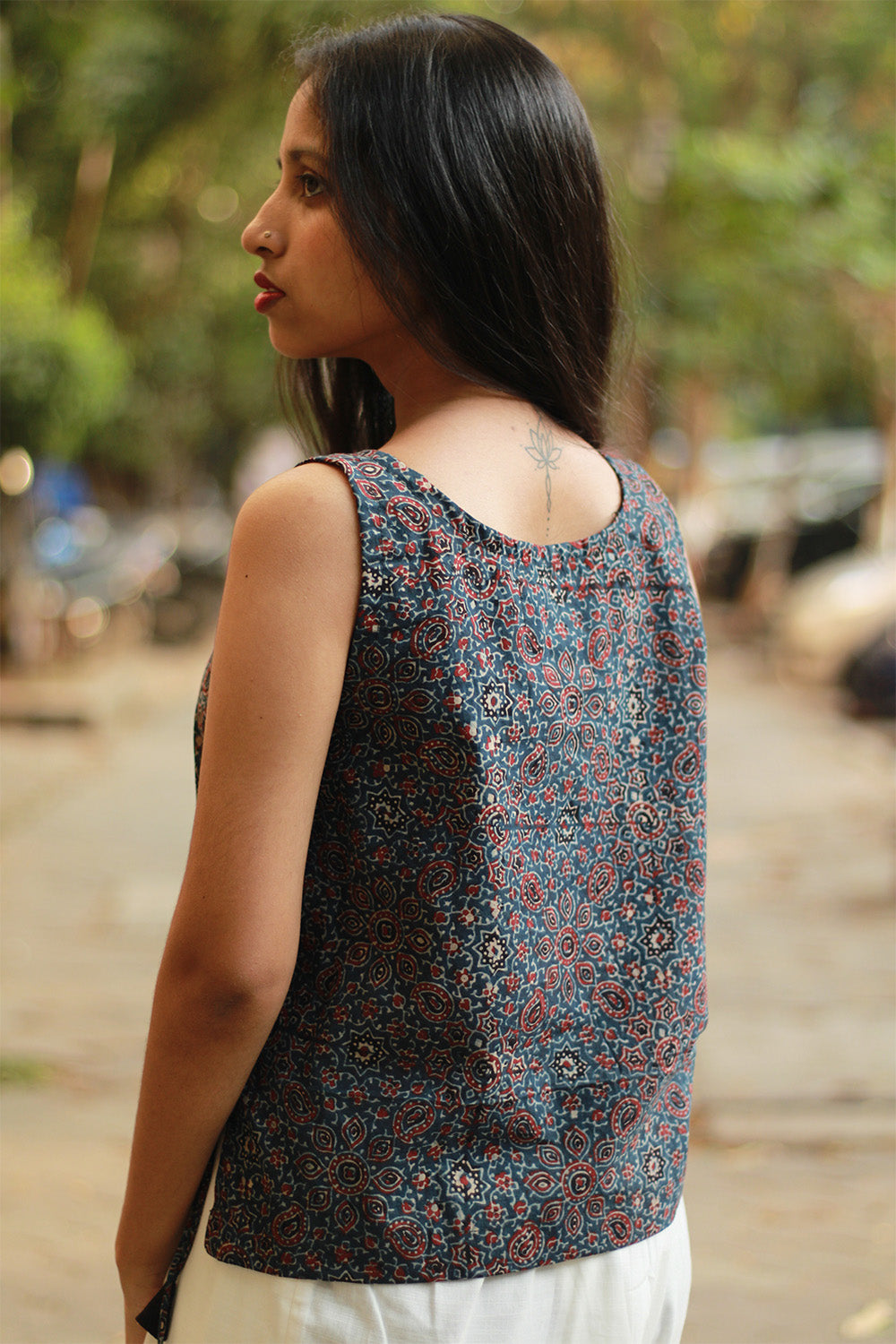 Aabroo | Sleeveless Angarkha Crop Top | Blue Floral Ajrakh