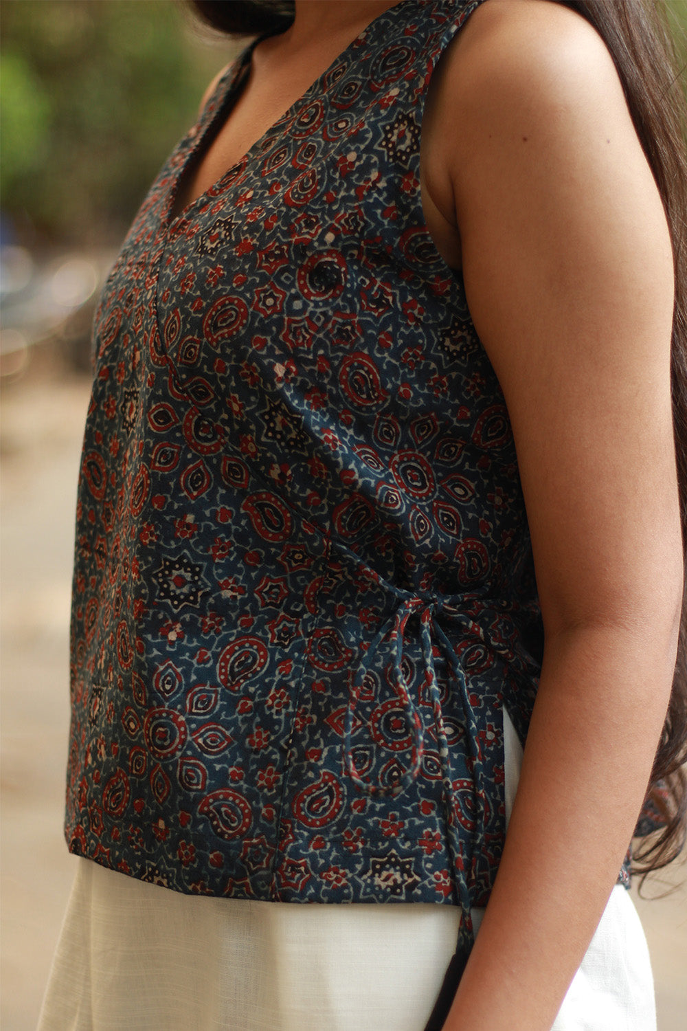 Aabroo | Sleeveless Angarkha Crop Top | Blue Floral Ajrakh