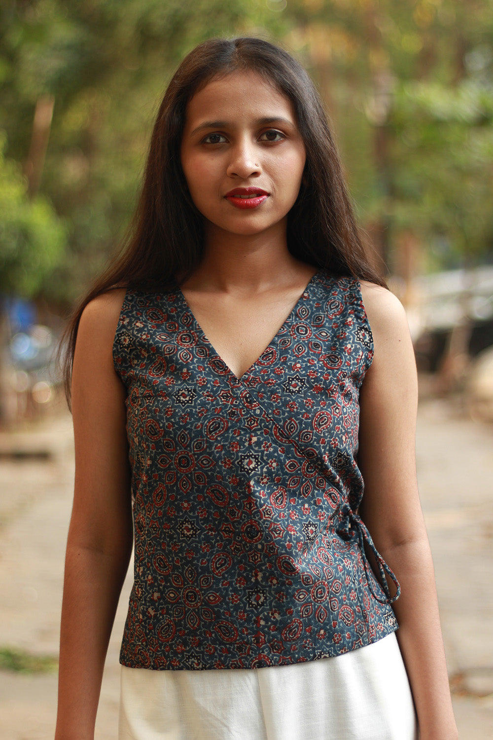 Aabroo | Sleeveless Angarkha Crop Top | Blue Floral Ajrakh