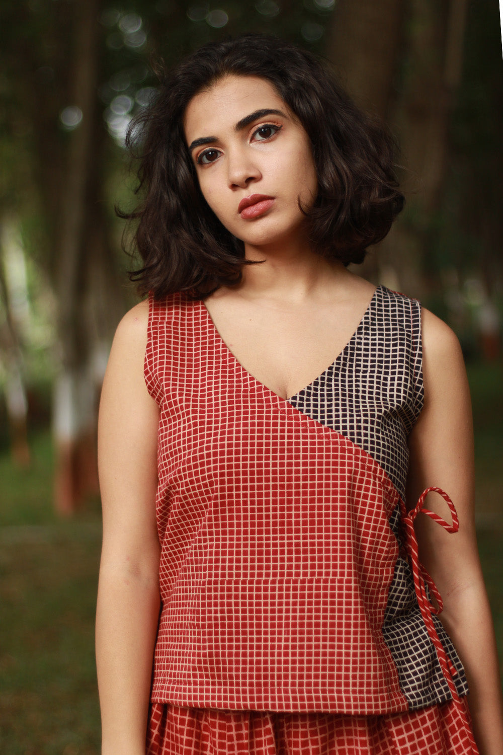 Dhaariyan | Aabroo | Sleeveless Angarkha Crop Top | Madder & Noir Ajrakh