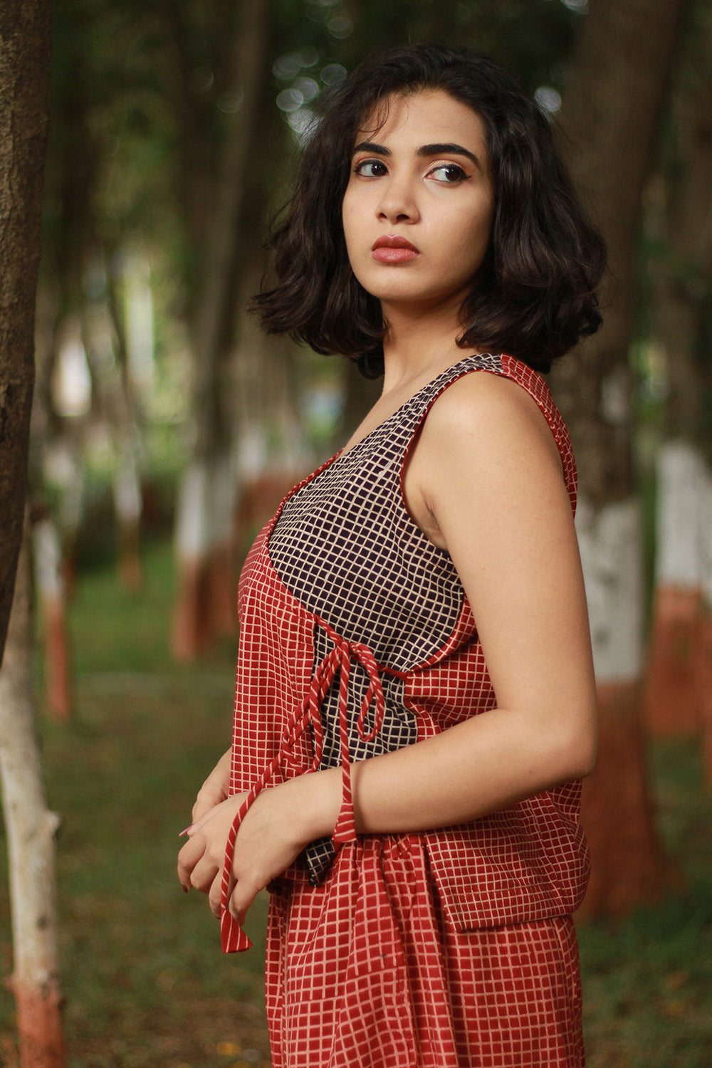 Dhaariyan | Aabroo | Sleeveless Angarkha Crop Top | Madder & Noir Ajrakh