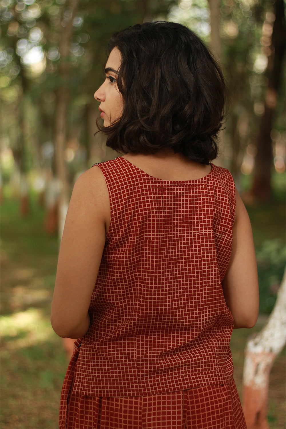 Dhaariyan | Aabroo | Sleeveless Angarkha Crop Top | Madder & Noir Ajrakh