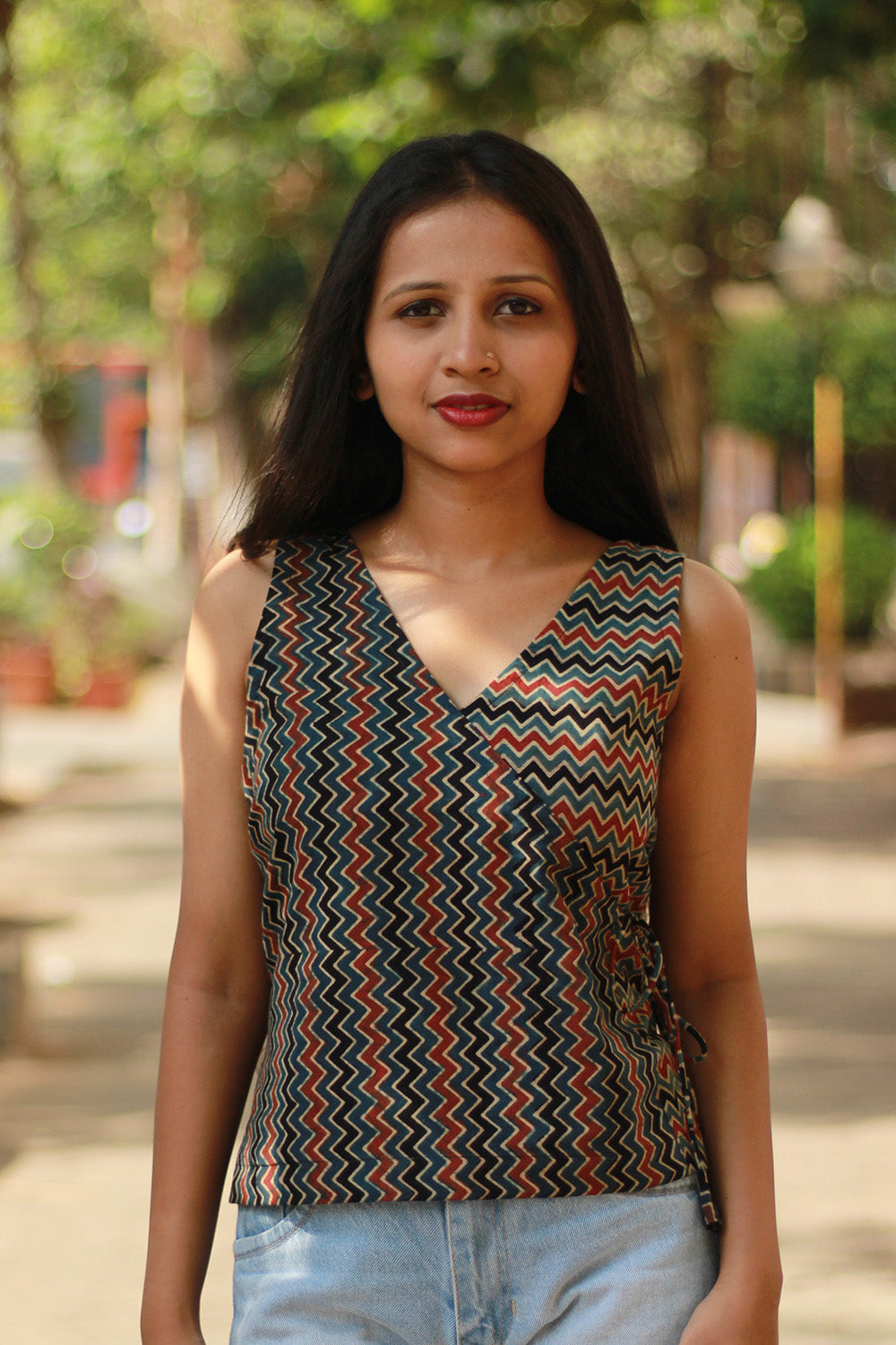Aabroo | Sleeveless Angarkha Crop Top | Noir Chevron Ajrakh