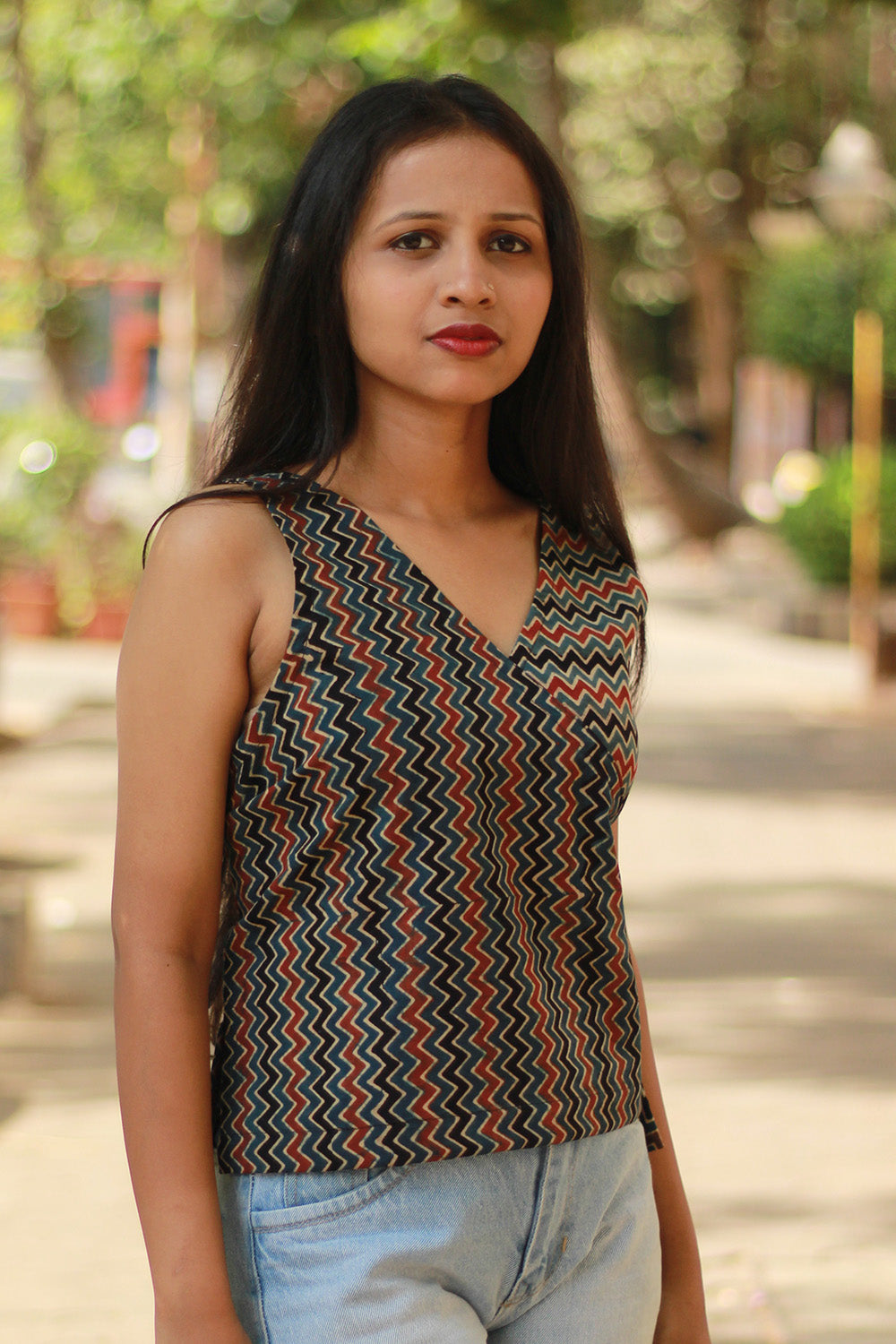 Aabroo | Sleeveless Angarkha Crop Top | Noir Chevron Ajrakh