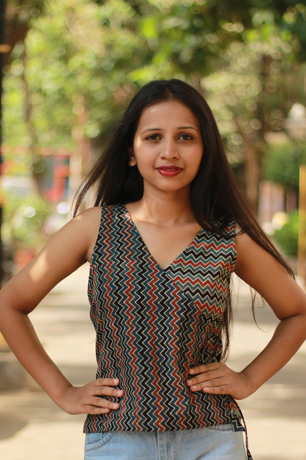 Aabroo | Sleeveless Angarkha Crop Top | Noir Chevron Ajrakh