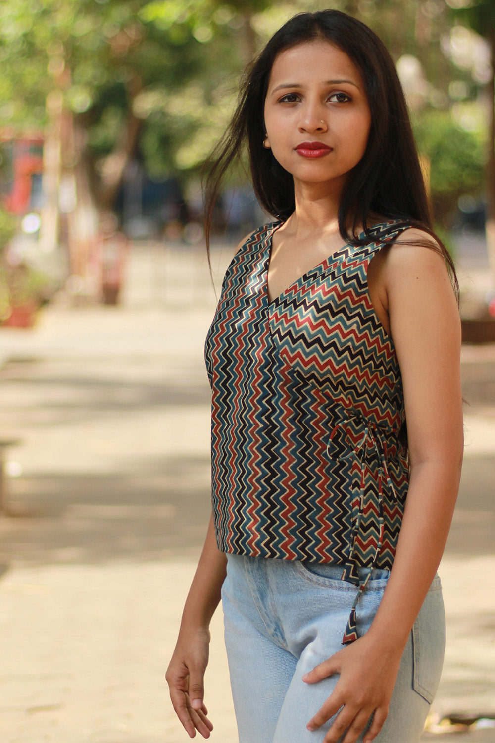 Aabroo | Sleeveless Angarkha Crop Top | Noir Chevron Ajrakh