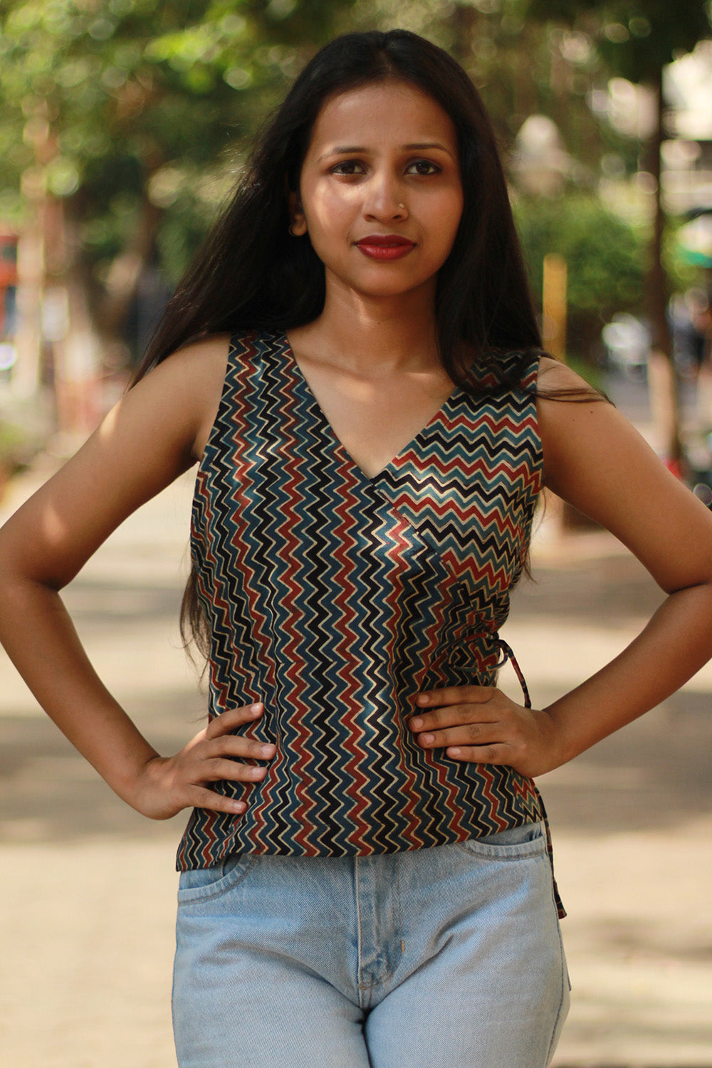 Aabroo | Sleeveless Angarkha Crop Top | Noir Chevron Ajrakh