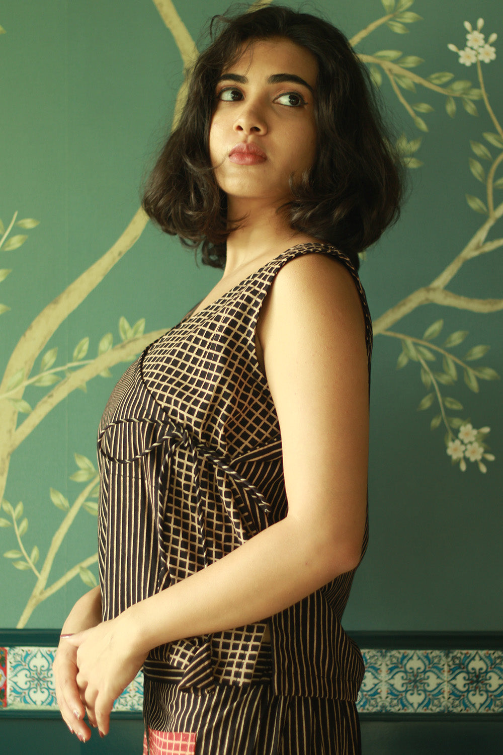 Dhaariyan | Aabroo | Sleeveless Angarkha Crop Top | Noir Ajrakh