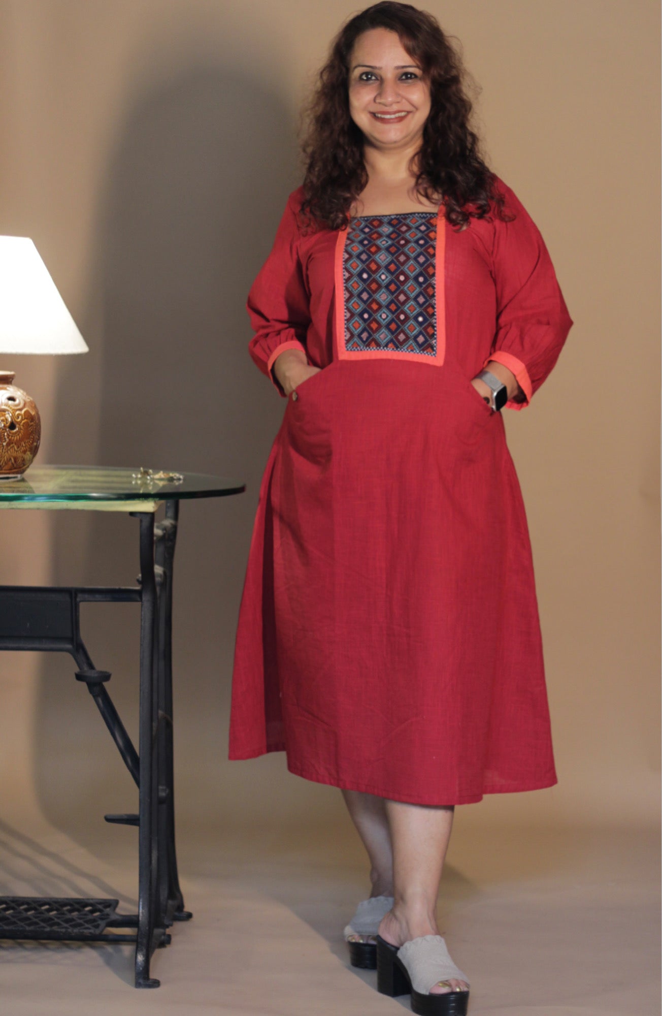 RannRupika | Embroidered Midi Dress | Red