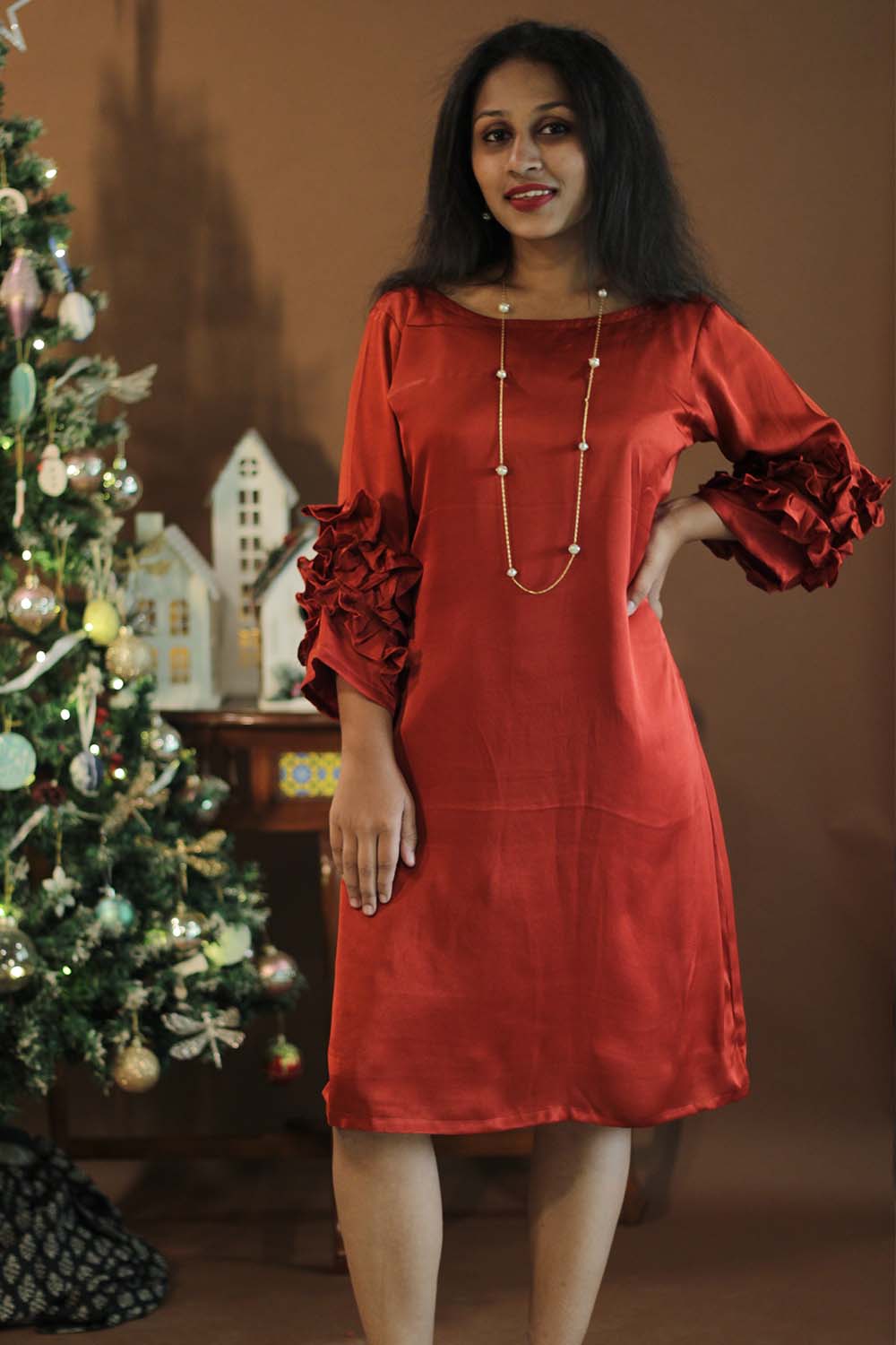 Diva | Frill Sleeves Modal Dress | Red