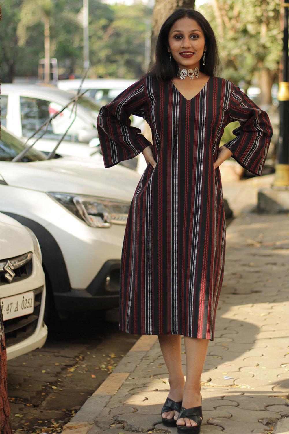 Diva | Bell Sleeves Dress | Noir Stripes