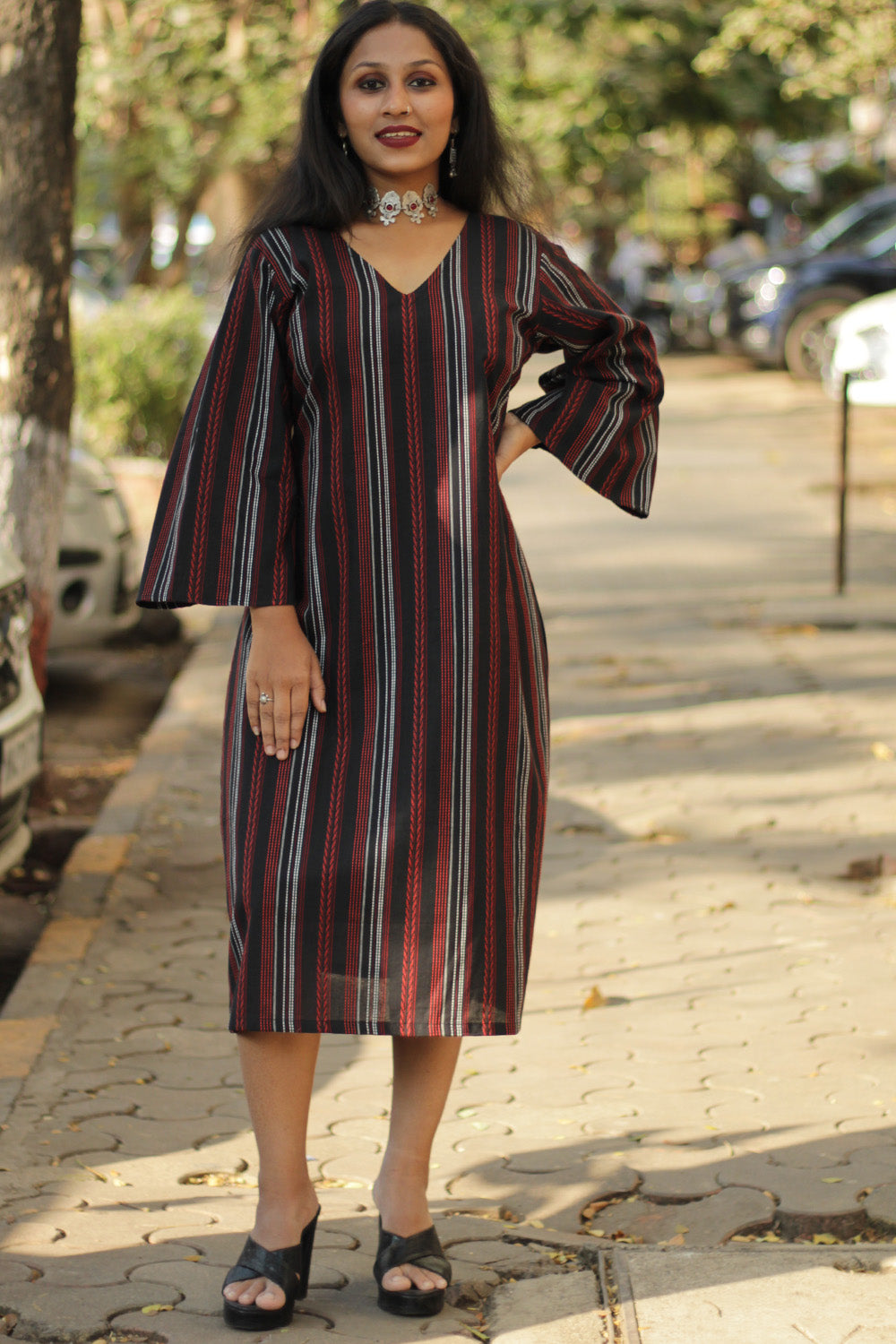 Diva | Bell Sleeves Dress | Noir Stripes