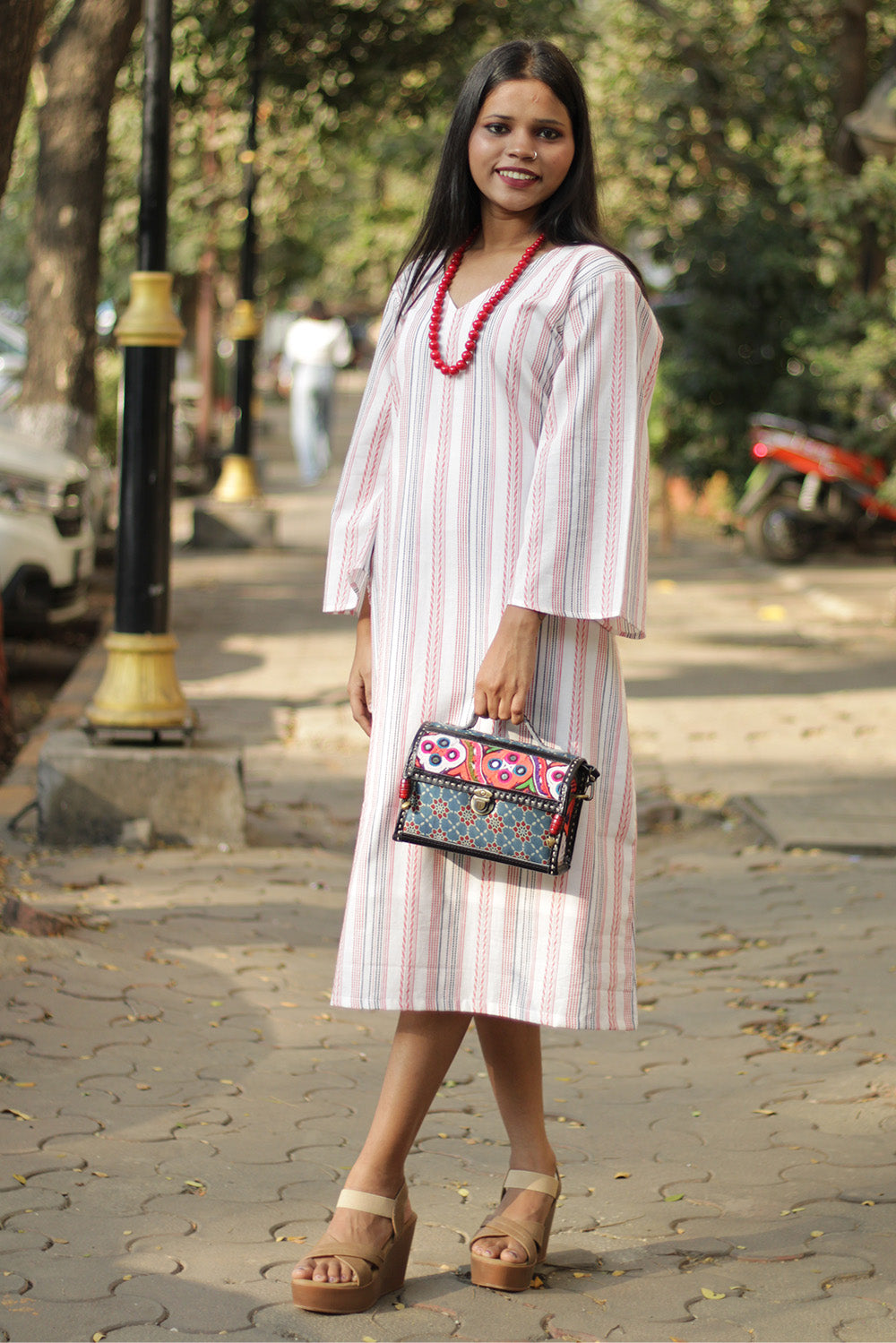 Diva | Bell Sleeves Dress | White & Red Stripes