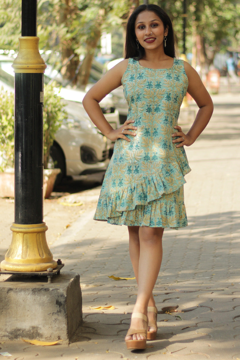 Manchali | Frilled Dress | Sage Green Sanganeri