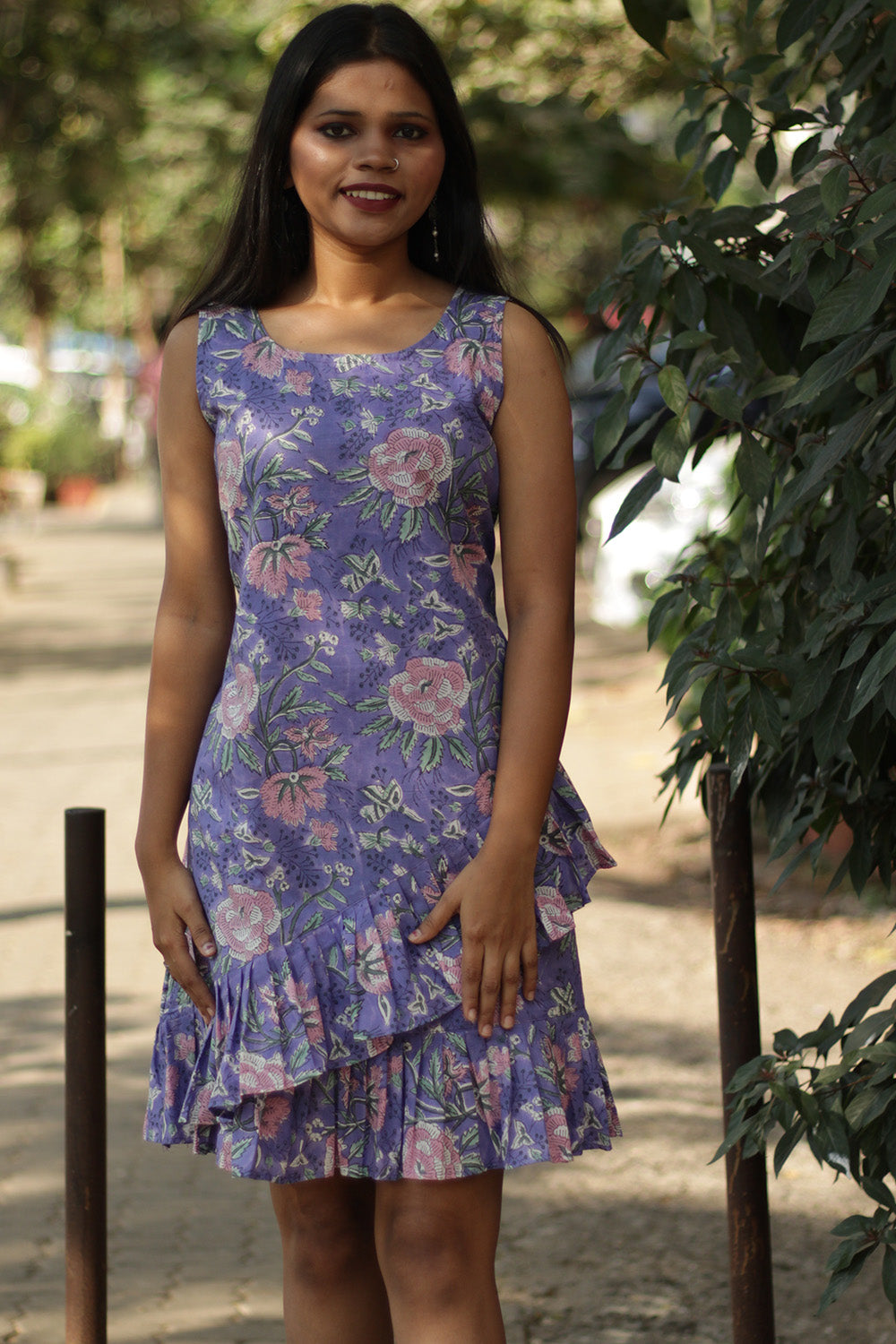 Manchali | Frilled Dress | Purple & Pink Sanganeri