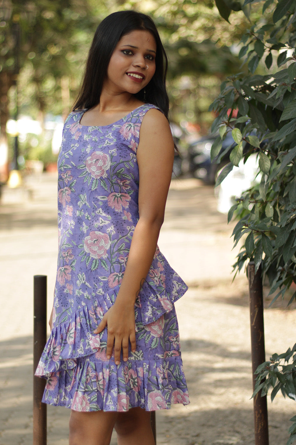 Manchali | Frilled Dress | Purple & Pink Sanganeri
