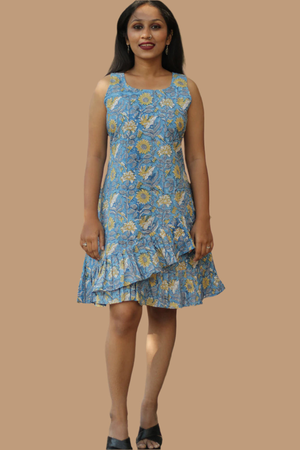 Manchali | Frilled Dress | Blue & Yellow Floral Sanganeri