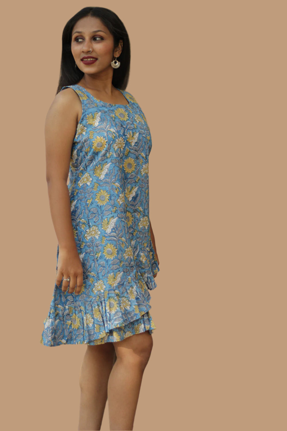 Manchali | Frilled Dress | Blue & Yellow Floral Sanganeri