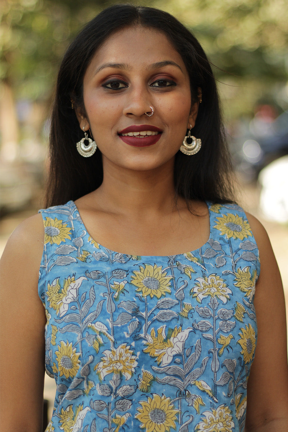 Manchali | Frilled Dress | Blue & Yellow Floral Sanganeri